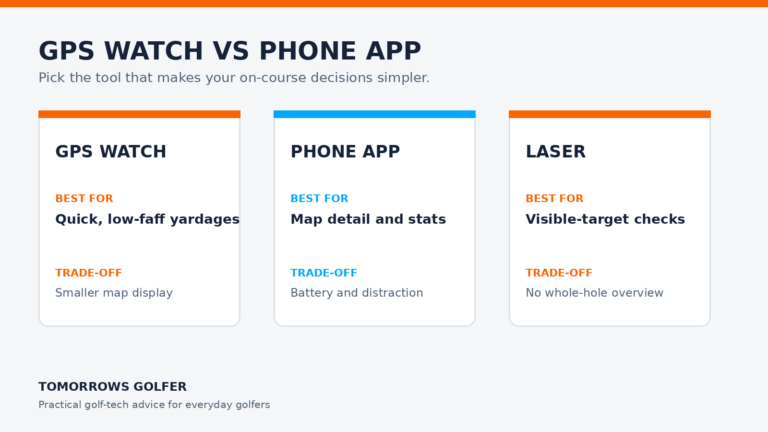 Tomorrows Golfer comparison of GPS watch, phone app and laser by on-course use and trade-offs.