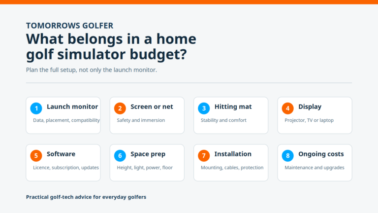 Tomorrows Golfer diagram showing the eight costs to budget for in a home golf simulator: launch monitor, screen or net, mat, display, software, space preparation, installation and ongoing costs.