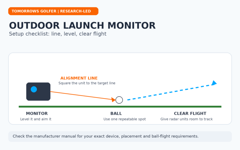 Tomorrows Golfer diagram showing a generic outdoor launch monitor setup with monitor, ball, alignment line and clear ball flight