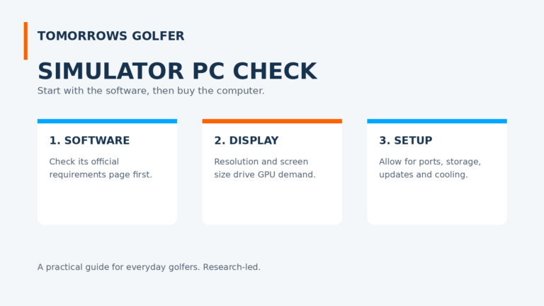 Tomorrows Golfer simulator PC checklist: software, display and setup checks before buying.