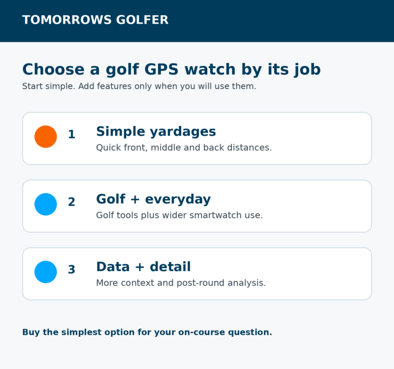 Tomorrows Golfer graphic showing three golf GPS watch buying priorities: simple yardages, golf plus everyday features, and data plus detail.