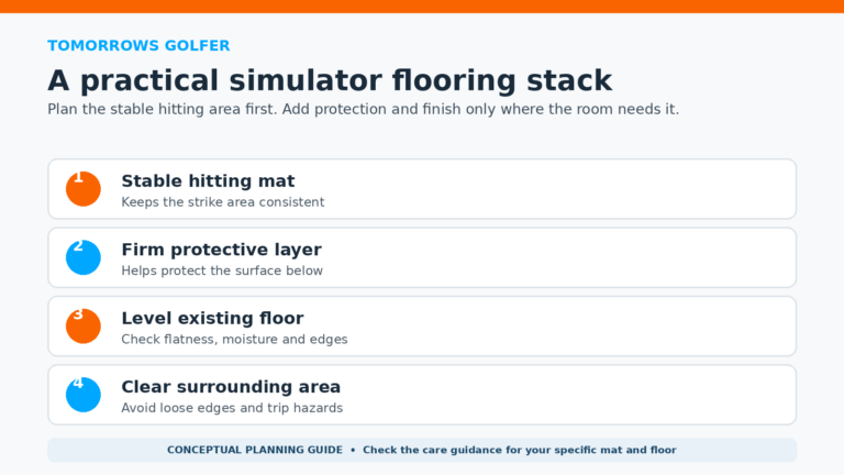 Tomorrows Golfer diagram showing a stable hitting mat, protective layer, level floor and clear surrounding area for a home golf simulator.